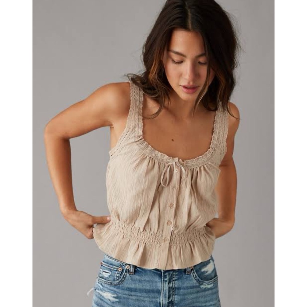 American Eagle Tan Boho Prairie Tank Top Crochet Straps Smocked Waist Bow Tie XS